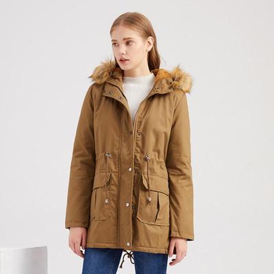 Women Autum Winter Fleece Hooded Fur Collar Solid Color Long Sleeve Drawstring Chic Warm Jacket S-3XL