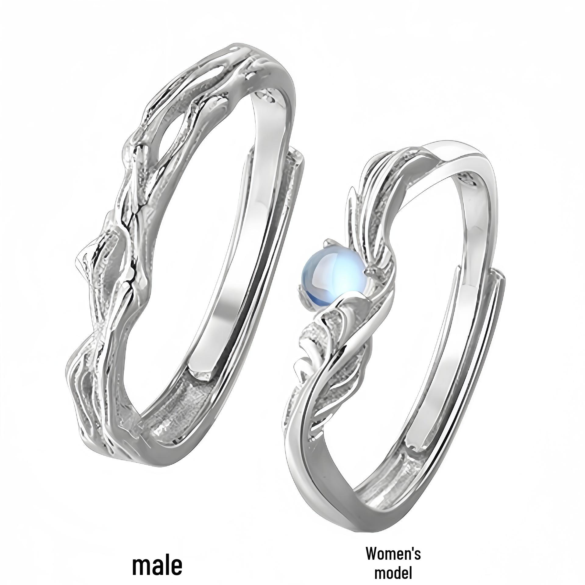 S999 Sterling Silver Moonstone Eucalyptus & Bird Couple s Adjustable Rings Adjustable