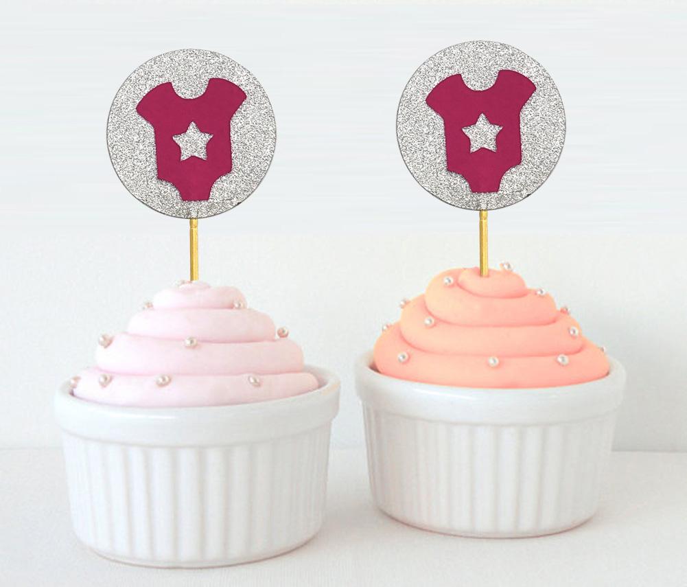 Darling Souvenir, Glitter Baby T-Shirt Baby Shower Cupcake Toppers, Dessert Decorations