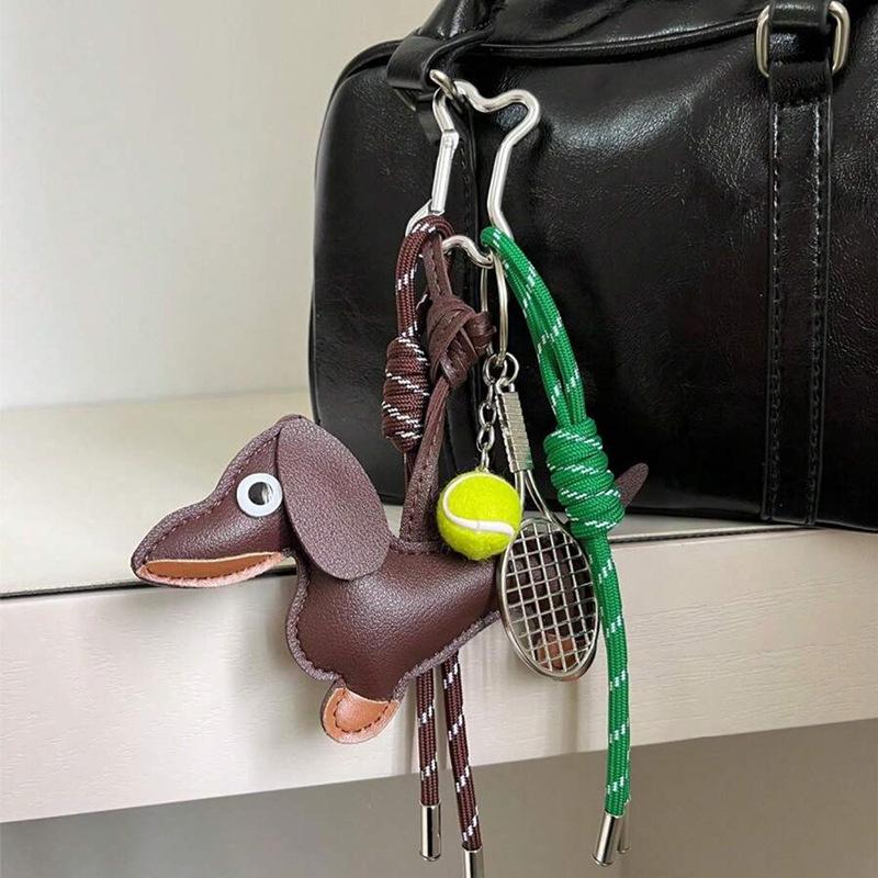Leather Dachshund Macrame Keychain: Exquisite Puppy Bag Charm by Ruth s Style
