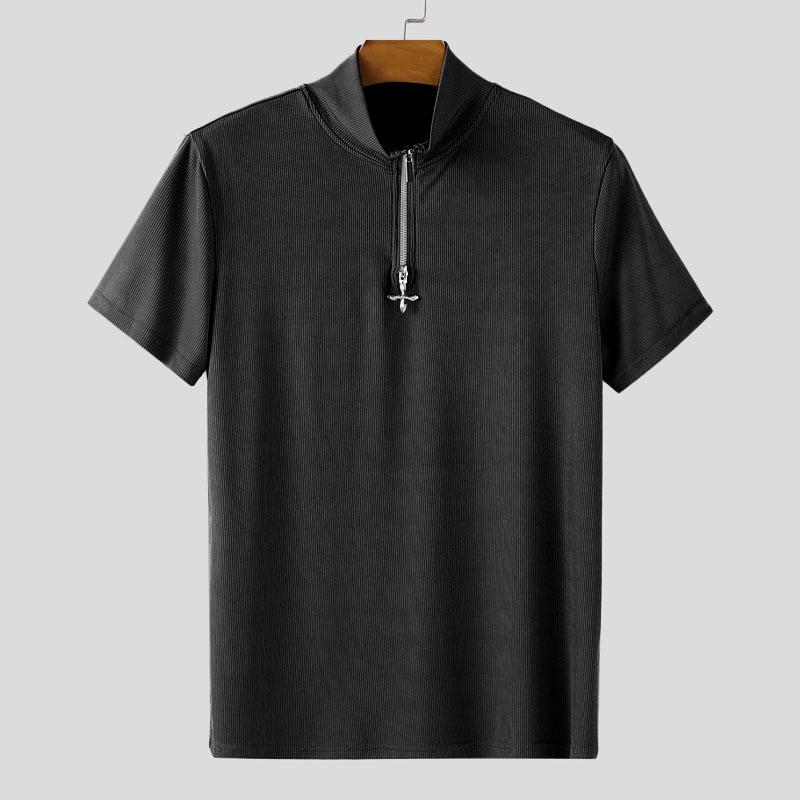 

INCERUN Мужские футболки на молнии с высоким воротом, с коротким рукавом, однотонные, повседневные, приталенные 5XL чёрный