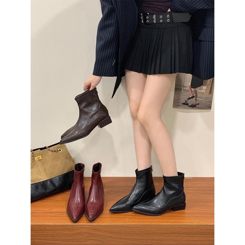Short Boots Women's 2025 Autumn and Winter New Black French Thick Heel Elastic Thin Boots Martin Boots