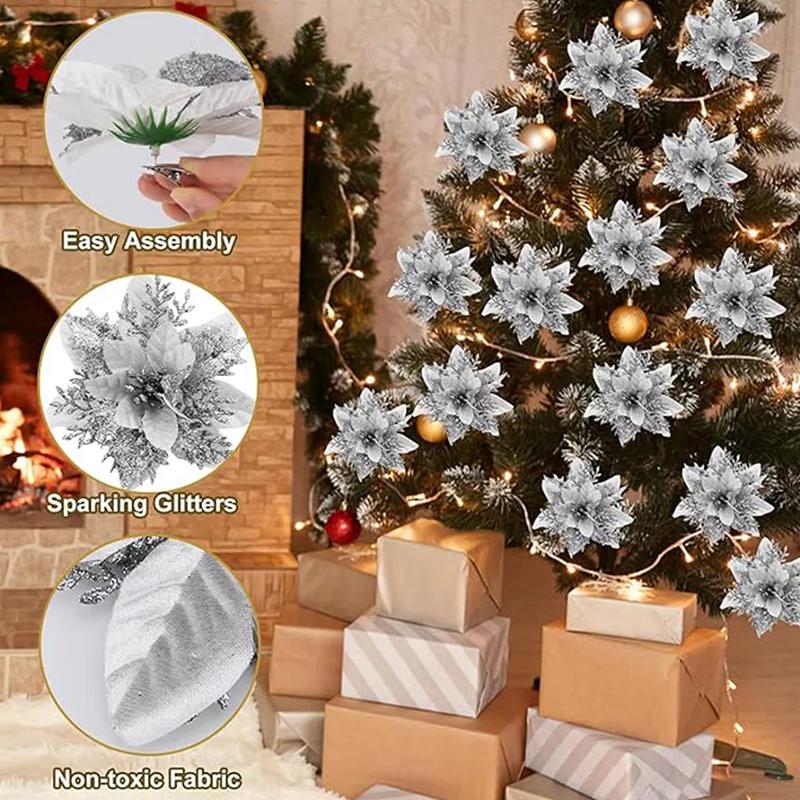 10Pcs/Pack Christmas Flowers Sparkling 14CM with Clips Xmas DIY Glitter Poinsettia Wreath
