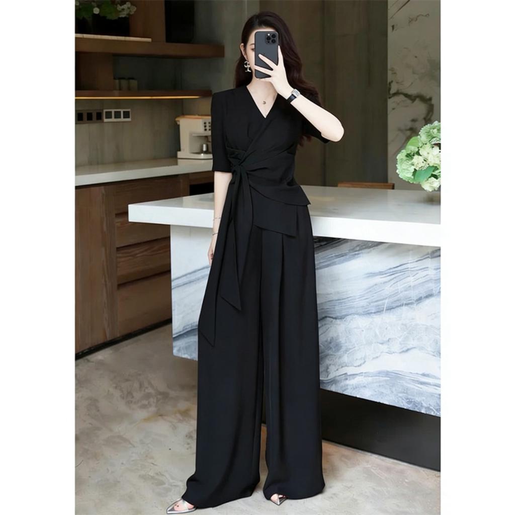 Women's Half Sleeve Loose Fit Blouse Top High Waist Wide Leg Pants 2-Piece Set