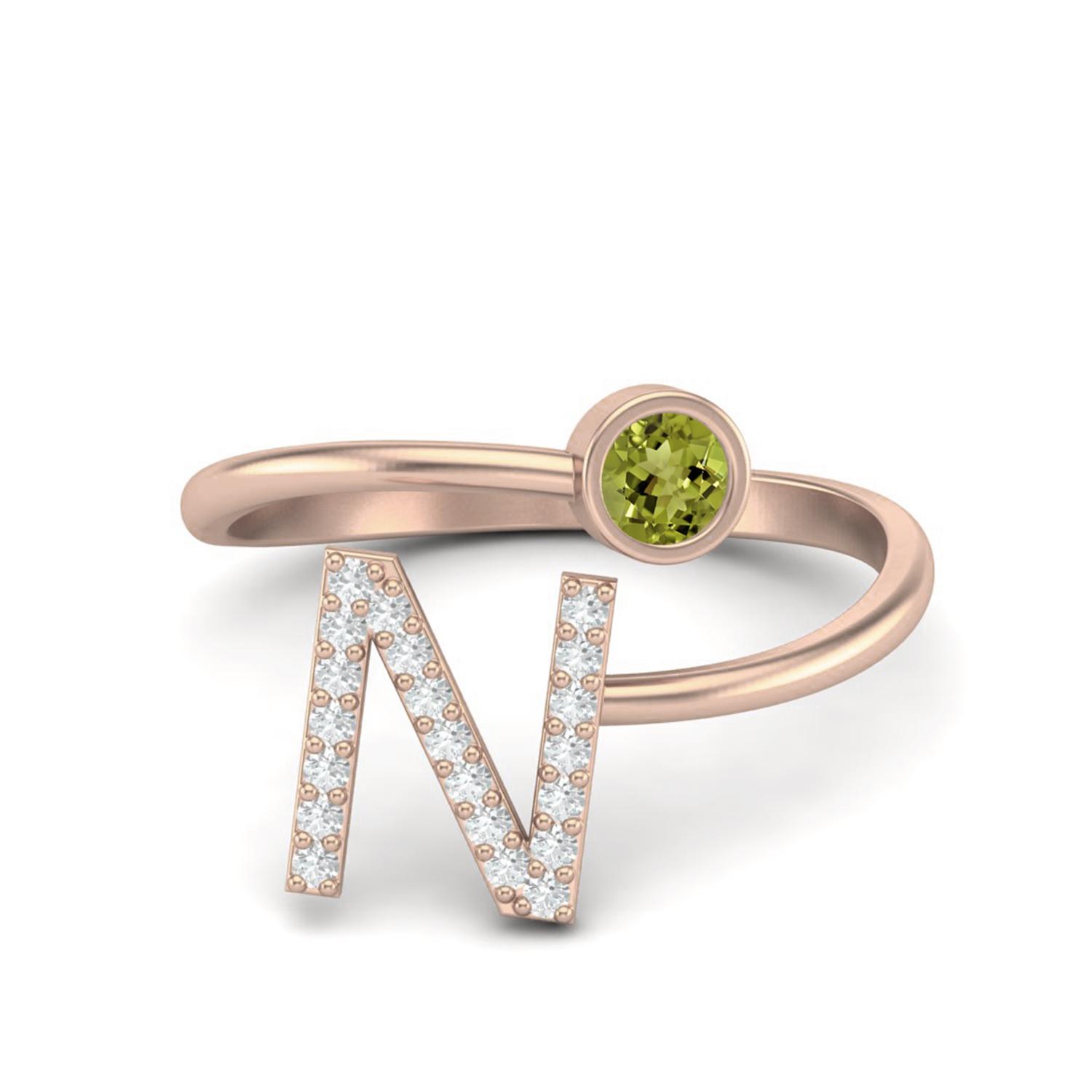Capital N Initial Letter 3MM Round Peridot 925 Sterling Silver Rose Vermeil Women Adjustable Wedding Ring 8 ярко-розовый
