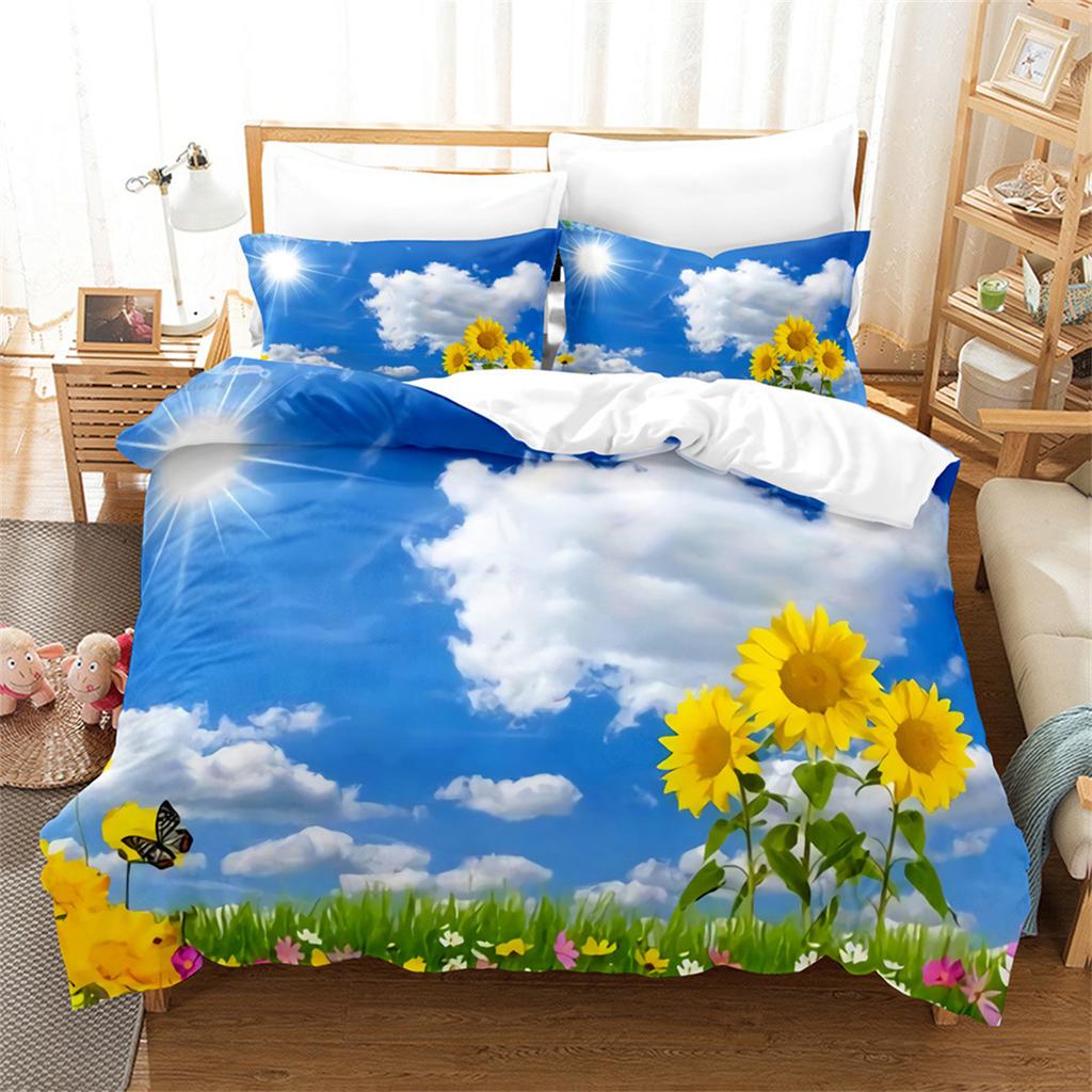 Sunflower Duvet Cover Set Double Size for Teens Floral Branches Bedding Set Garden Theme Comforter Cover with Pillowcases 2 Pcs