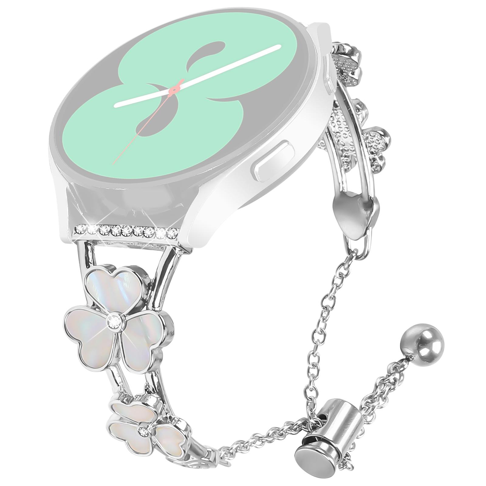 

For Samsung Galaxy Watch Active Watchband Heart Clover Decor Silver Zinc Alloy Metal Strap A