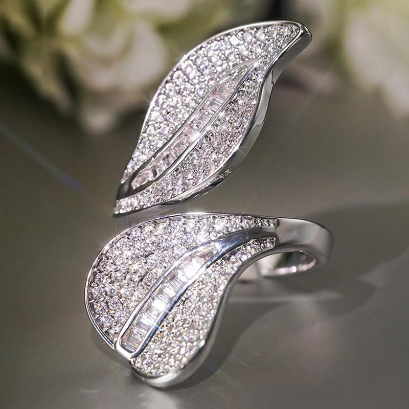 CopperZircon Ring Temperament Large Willow Leaf Full AAA Cubic Zirconia Ring Female Party Wedding Jewelry Gift