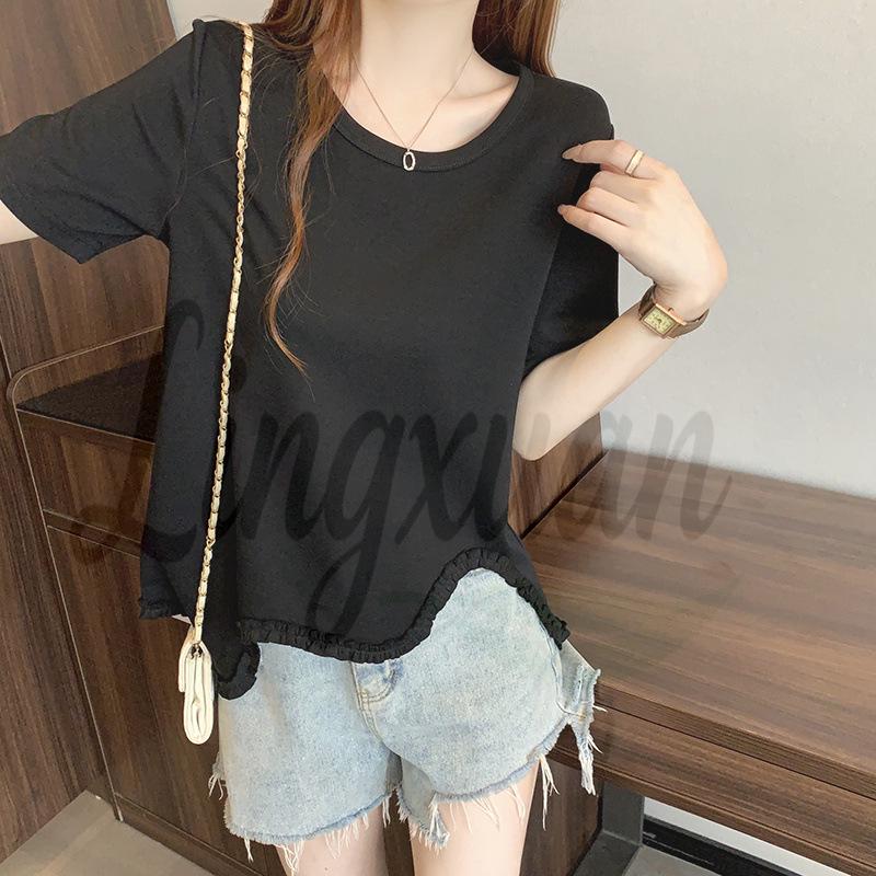 2026 Summer Plus Size Women's Irregular Ruffled Lace Short Sleeve T-shirt