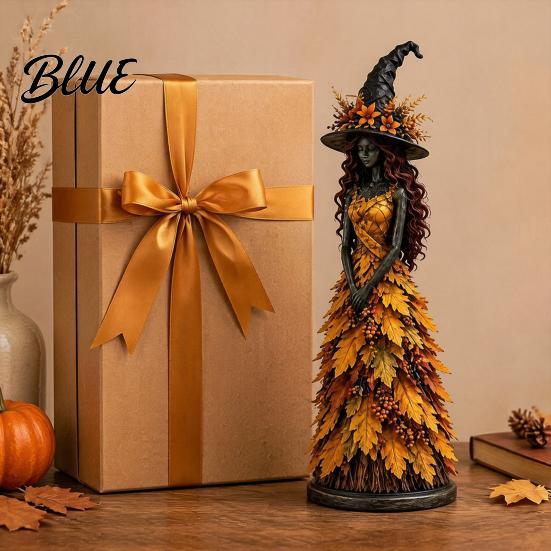 Unique Halloween Gift Ideas Autumn Witch Figurine Fall Tabletop Statue with Leaf Collectible Figurine for Lovers Gown Seasonal Resin Decoration