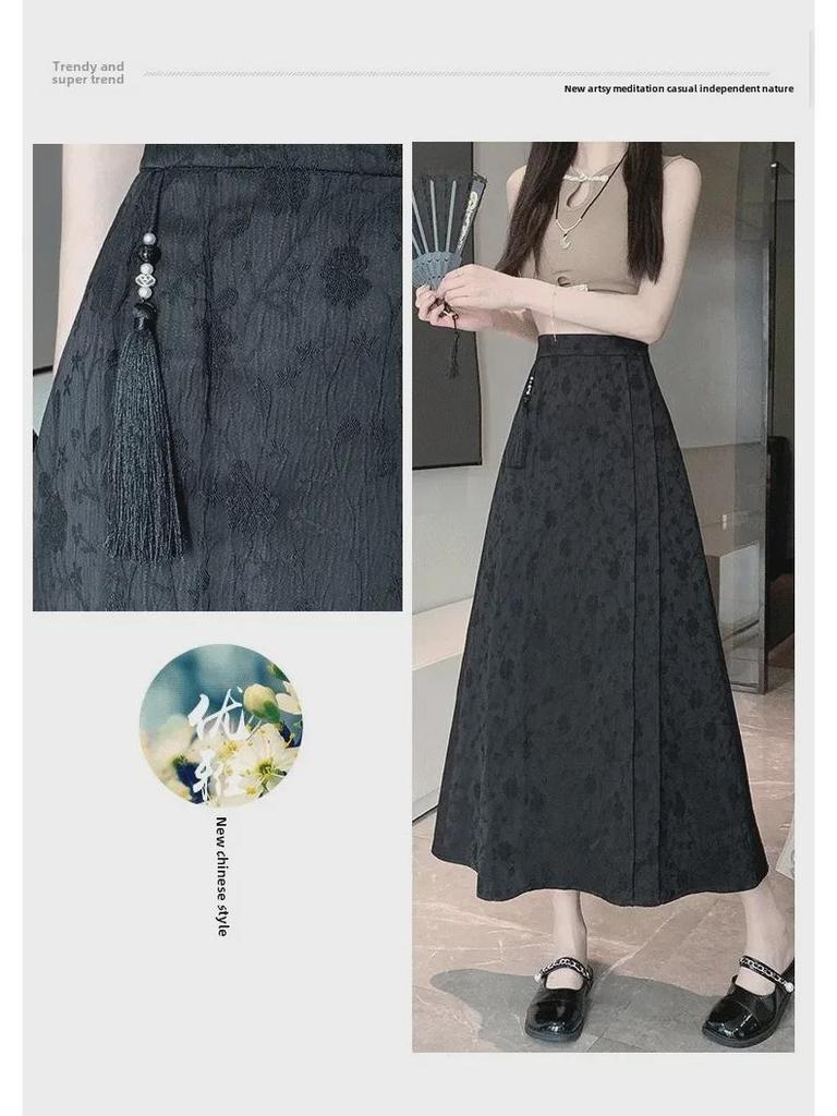 2024 Summer New Chinese Style High-Waist Retro Jacquard A-Line Skirt