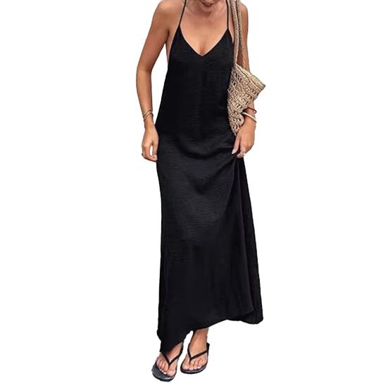 

Women Sexy Backless Dress Halter V Neck Sleeveless Maxi Dress Summer Beach Vacation Loose S чорний