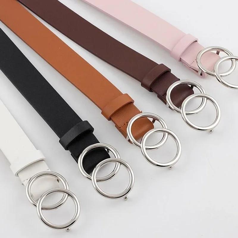 Silver Gold Double Ring Belts for Jeans Women Girls Fashion Waist Belt PU Metal Buckle Belt Leisure Dress Jeans Wild Waistband