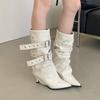 Rich and Noble with Pointed Boots, Spice Girl Style Design, Belt Buckle, High-heeled Boots, Thin and Versatile High Trouser Boots