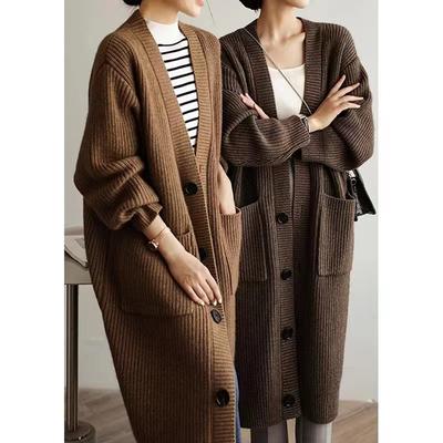 Lazy Wind Medium and Long Knitted Cardigan Jacket Women's Clothing Autumn and Winter Retro Loose Thickened Sweater with Long Models
