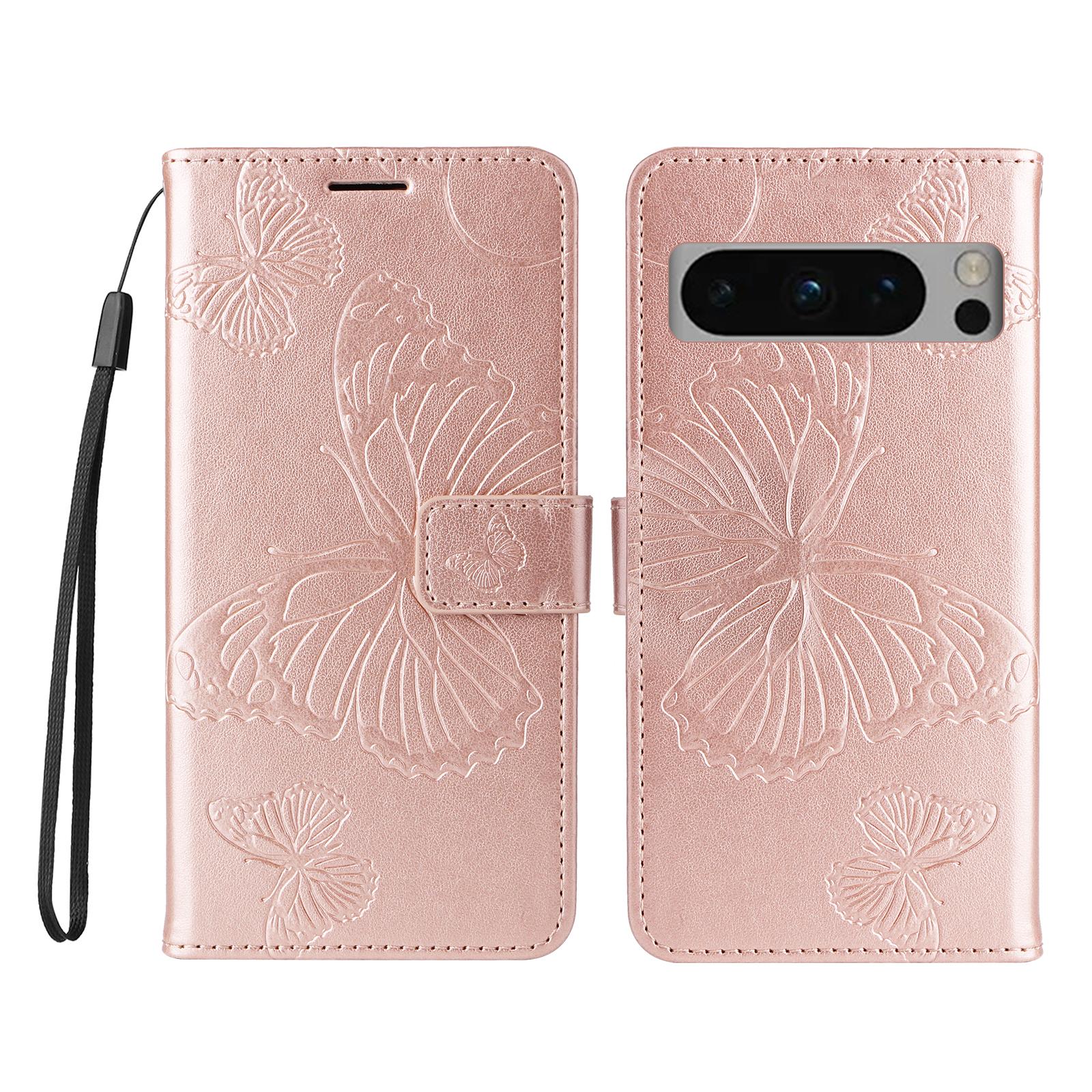 

For Google Pixel 8 Pro Wallet Case Floral Butterfly Imprinted Leather Phone Cover Stand Rose Gold