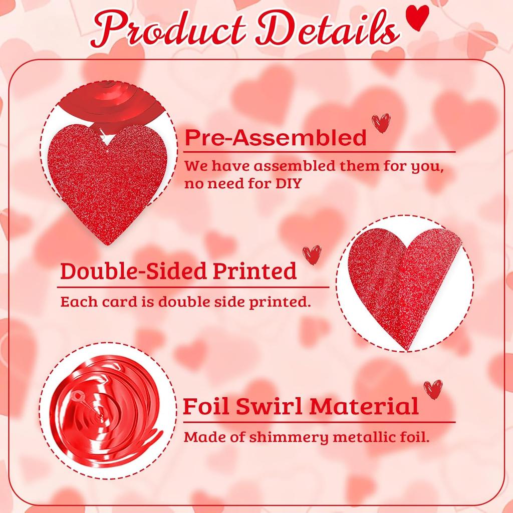 Glitter Red Hanging Heart Swirls Decorations, 40Pcs Valentine's Day Love Heart Streamers Ceiling Hanging Swirls for Romantic Galentines Anniversary