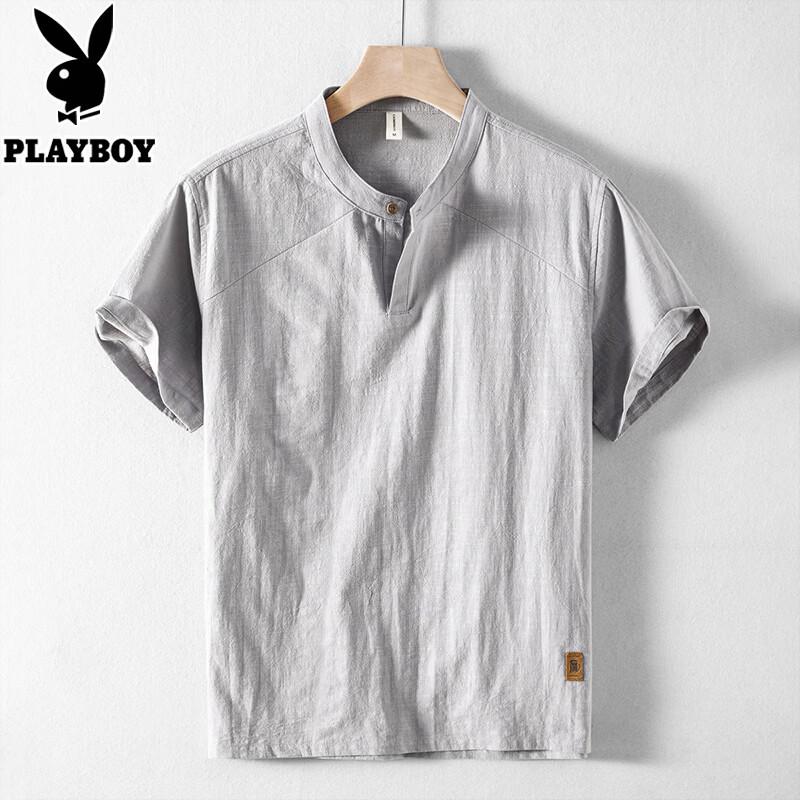 PLAYBOY Men's Pure Cotton Short Sleeve Stand Collar Shirt