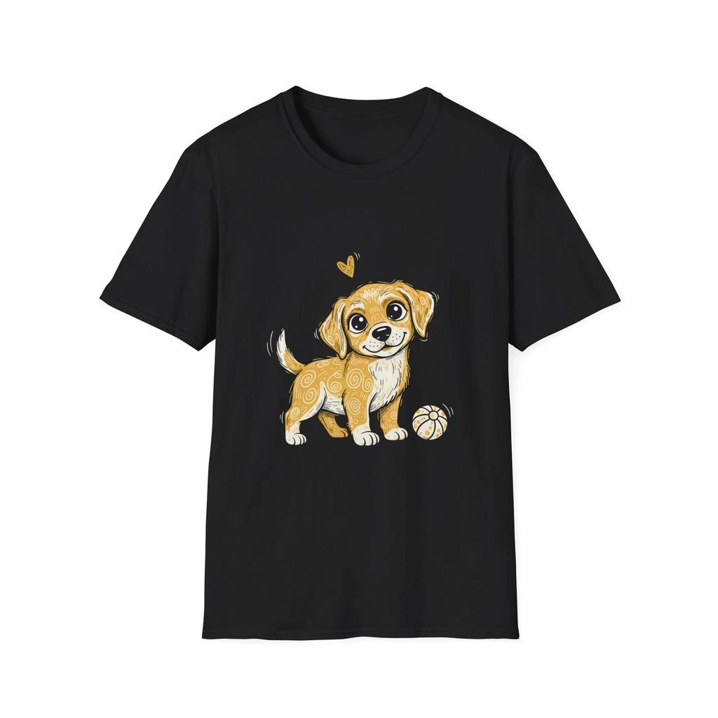 Cute Dog Happy Heart Whimsical Illustrated Black Tee Graphic T-Shirt