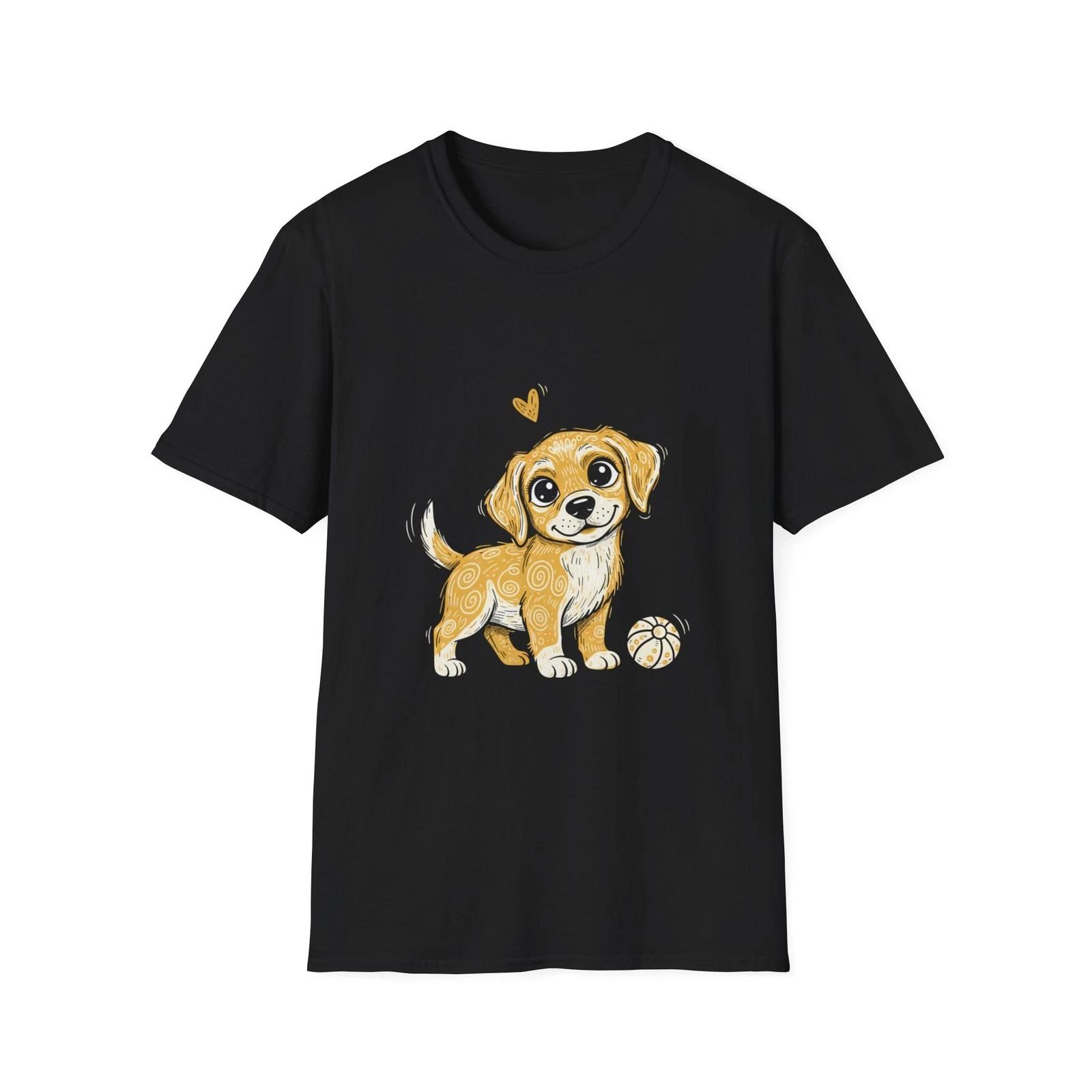 Cute Dog Happy Heart Whimsical Illustrated Black Tee Graphic T-Shirt 3XL