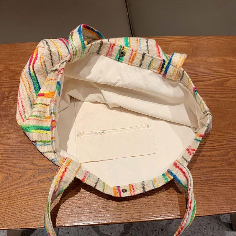 Korean Rainbow Stripe Tote Bag Women Canvas Bag Large Capacity Shoulder Bag Ladies Versatile Travel Casual Underarm Bag Chic New