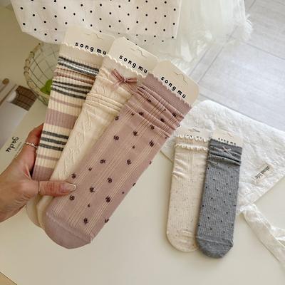 Women's Spring and Summer Thin Cotton New Style Bow Boneless Sewn Head Mid Tube Pile Socks