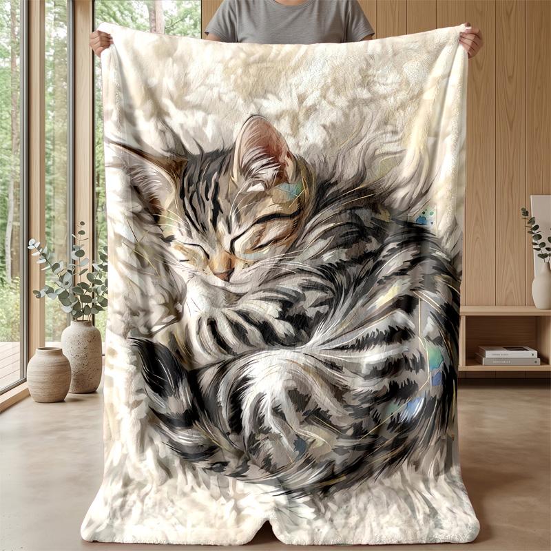 Sleeping Kitten Under Stars Theme blanket Lightweight Warm Flannel Blanket Decorative Throw Blanket for Home Decoration