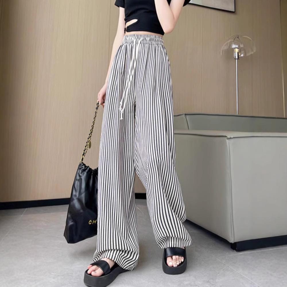 Ice Silk High Waist Wide Leg Pants for Petite Women - Slimming, Drapey, and Stylish Striped Trousers for Summer