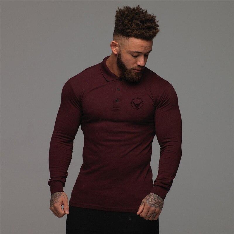 Muscleguys T-shirt da uomo primavera e autunno con colletto rovesciato, moda, traspiranti, business casual, a maniche lunghe, top da lavoro, bottoni delicati