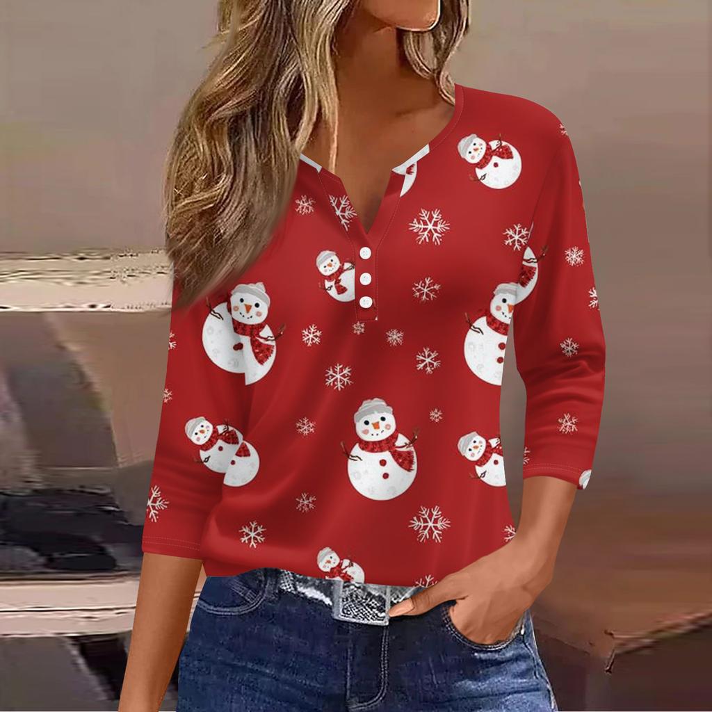 Women's Casual Fashion V-neck Loose Versatile Christmas Print Three-quarter Sleeve Top