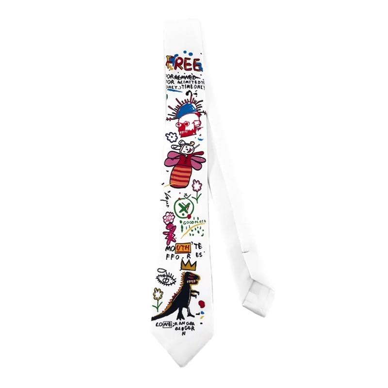 Graffiti Printing Hip Hop Punk White Tie Women Fashion Y2k Kawaii Necktie Casual Shirt Ties For Woman Gift Box
