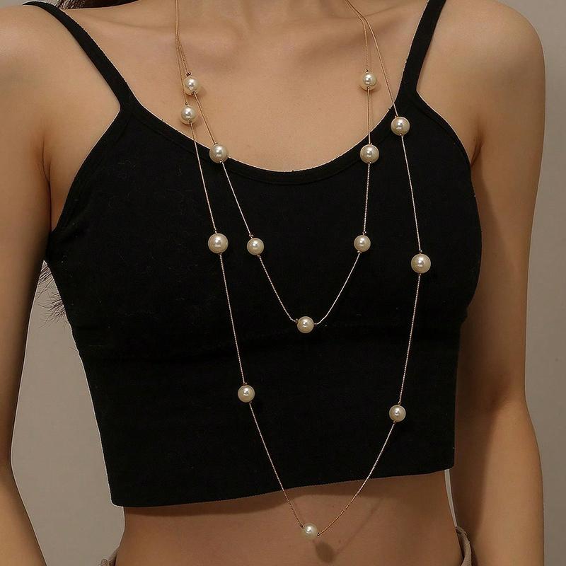 Elegant Double Layer Simulated Pearl Sweater Necklace For Women Female Collares Long Chain Necklace