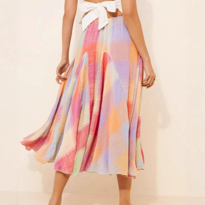 Jupe Midi à Taille Haute A-Line pour Femme, Stretch Moyen, Imprimé Carreaux Colorés, Plissée, Fluide, Décontractée, Été, Maxi