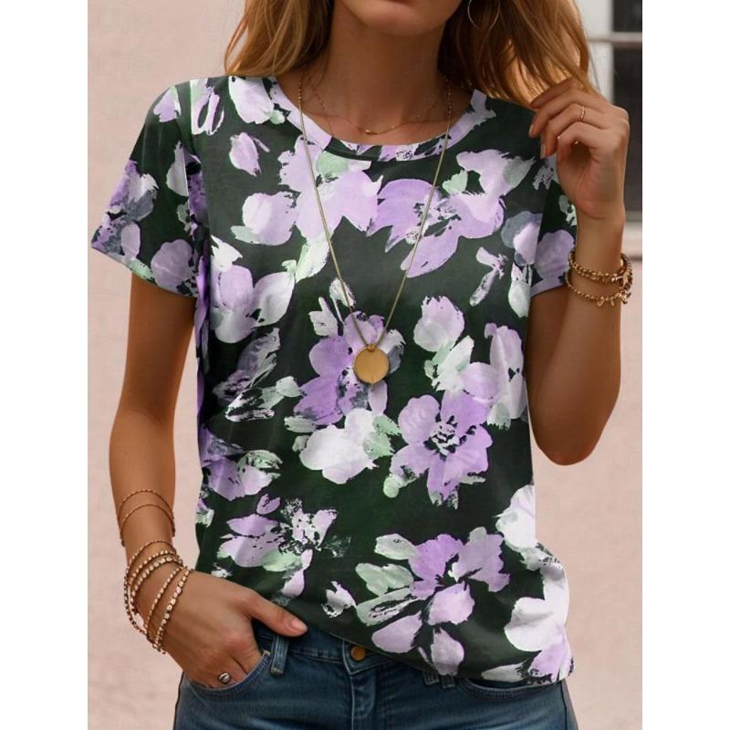 Fashion Artistic Flower Pattern T-Shirt Women Summer Leisure Graphic Tee Female Casual Elegant Short Sleeved Round Neck Tee Tops S