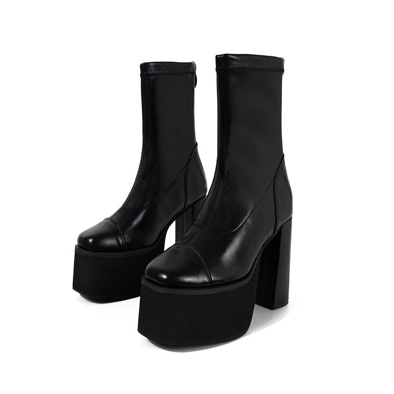 10cm High Heel Waterproof Platform Thick Heel Large Size Elastic Sock Boots 34-42 Yard Square Four Season Women's Boots Short