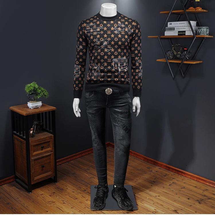 Męski zimowy europejski sweter z żakardowej wełny 2024 - Modny dzianinowy z okrągłym dekoltem, codzienna odzież