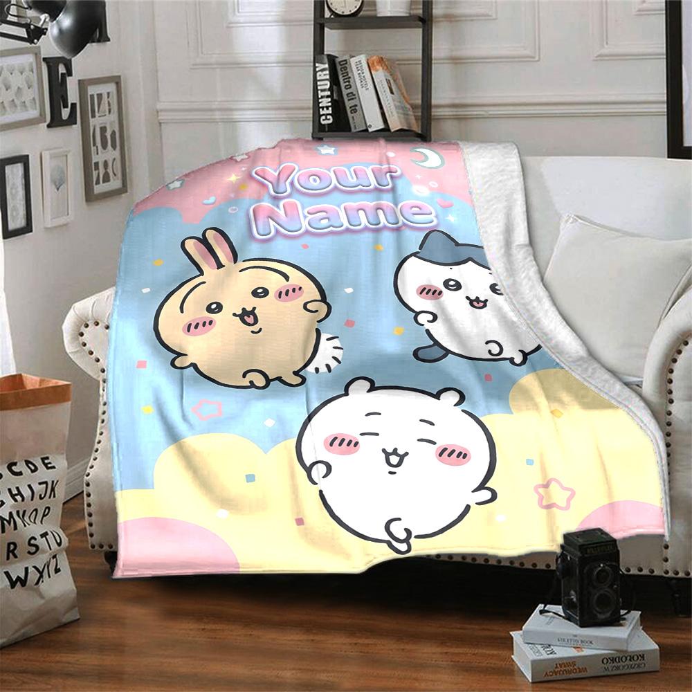 1pc Chiikawa Blanket with Custom Name, Gift, for Men and Women, Soft Blanket, Good for Sofa Bed Couch Travel, Lightweight Flannel Blanket
