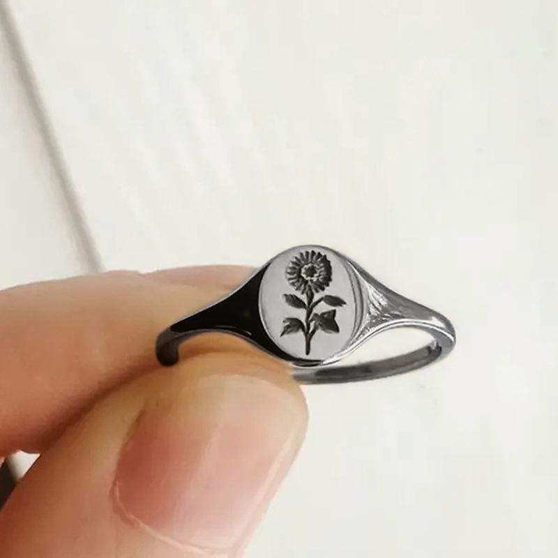 Simple Floral Niche Design Ring, Seal Sunflower Pattern Ring, Small Fresh Male And Female Index Finger Ring
