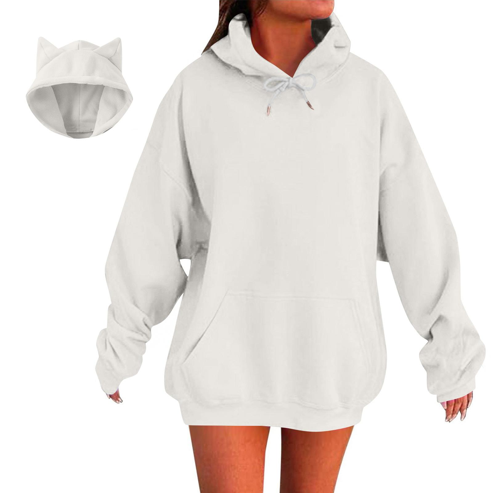 

Женская мода Повседневные толстовки с капюшоном и длинным рукавом однотонные топы XL белый