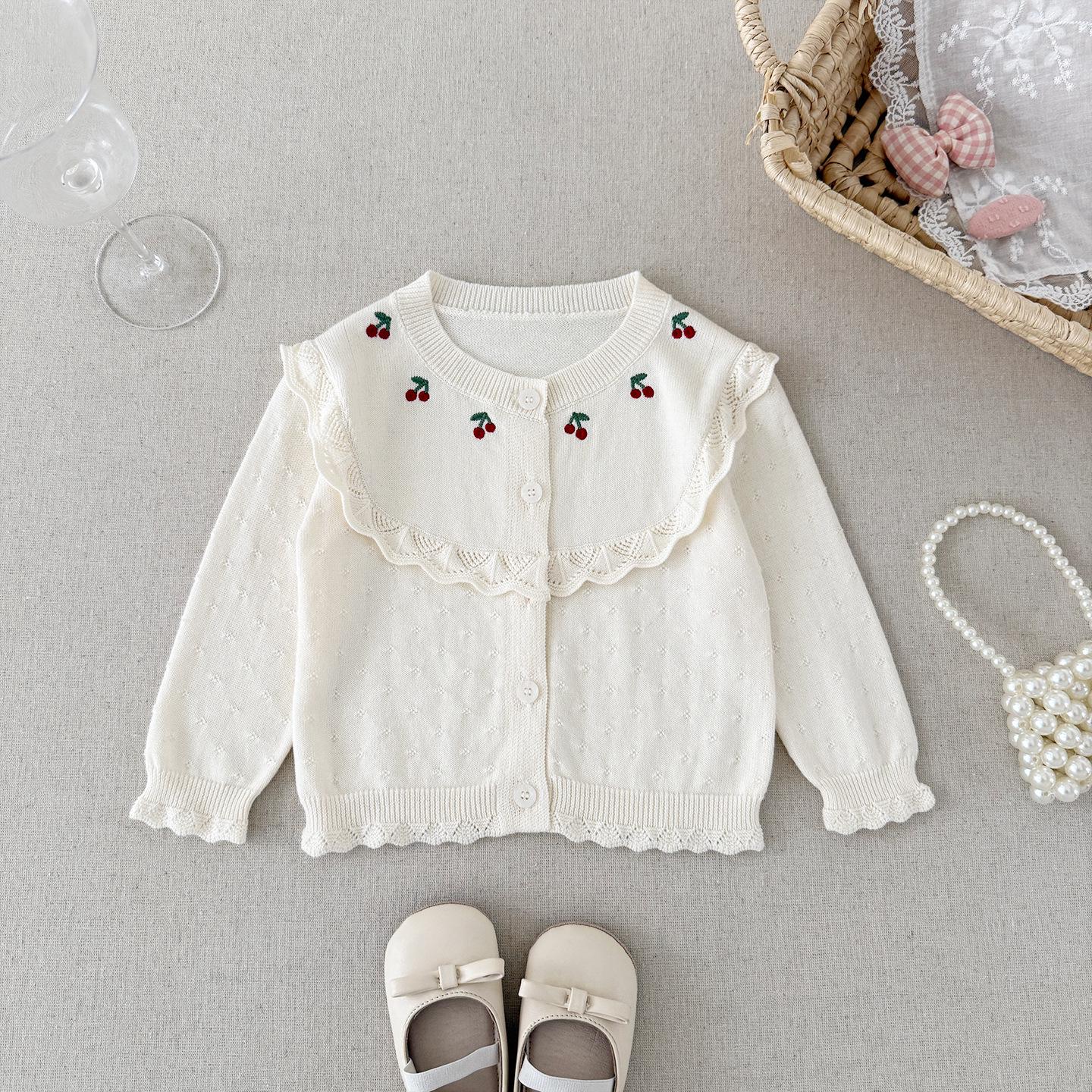 Baby Girl Cotton Cardigan with Cherry Embroidery - Spring/Summer Lace Knitwear 90cm