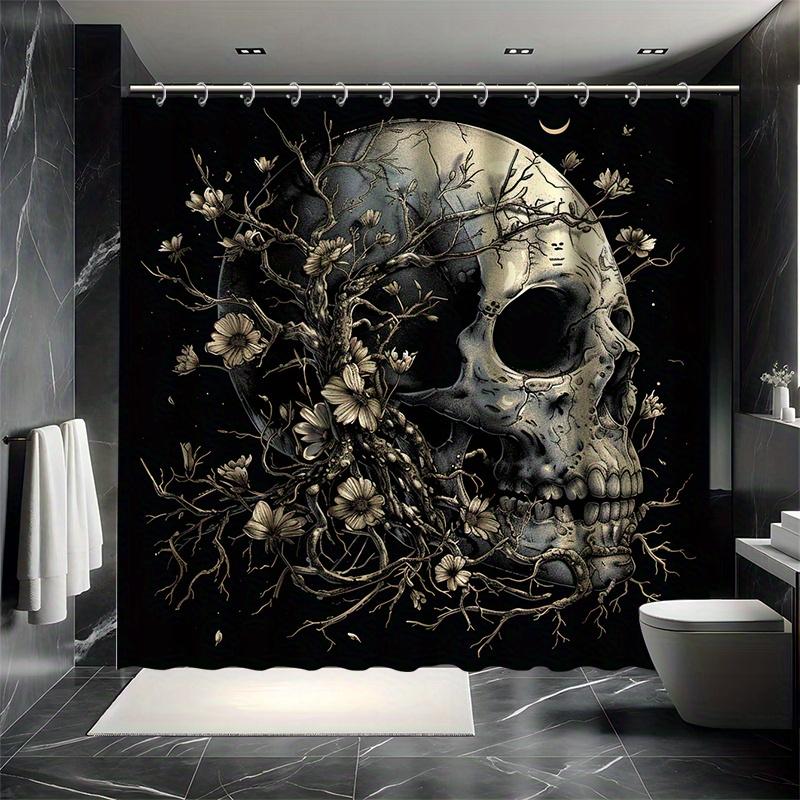 Halloween Skull And Flower Shower Curtain Set - 12 Hooks, Water-Resistant Polyester, All-Season, Abstract Pattern, Horror Theme
