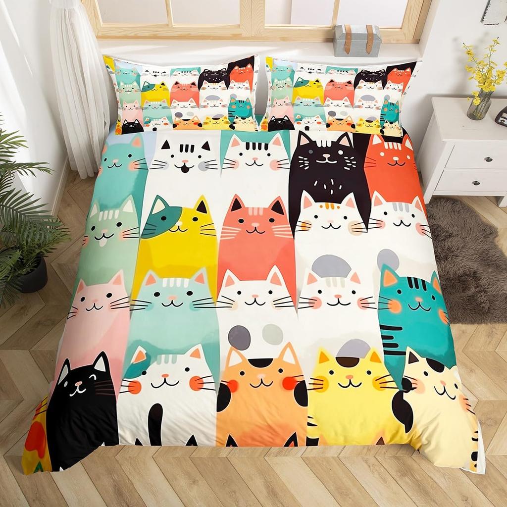 Rainbow Cat Duvet Covers For Kids Teens Girls Queen Lightweight Bedspread Cover Room Decor Kawaii Rainbow Ombre Cats Bedding Set
