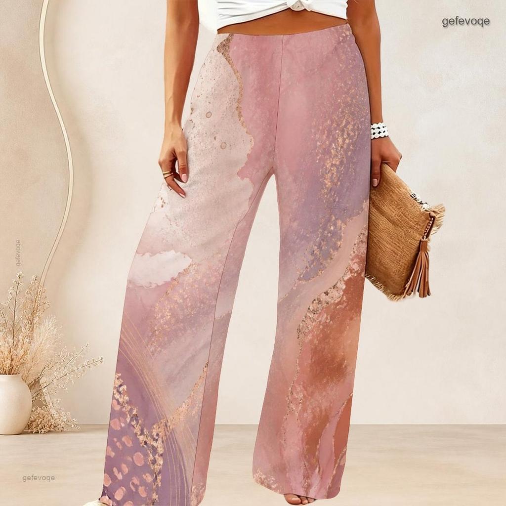 Women Plus Size Pink Marble Gold Print Wide Leg Pants High Waist Loose Casual Long Trousers For Daily Summer Wear