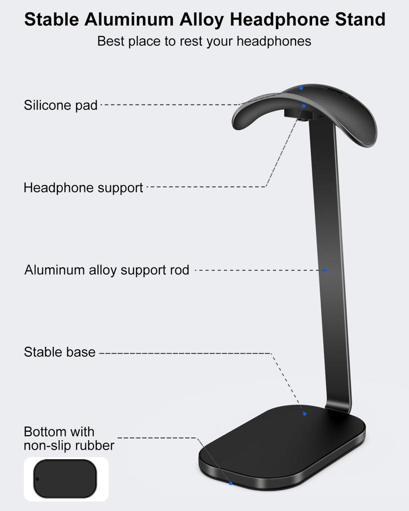 Suporte de Fone de Ouvido VICHYIE para AirPods com Barra de Suporte de Liga de Alumínio e Base Estável Compatível com a Maioria dos Fones de Ouvido Preto Máximo, Base Antiderrapante, -