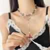Layered Pearl Cross Pendant Necklace Women Long Sweater Chain Vintage Minimalist Choker Style