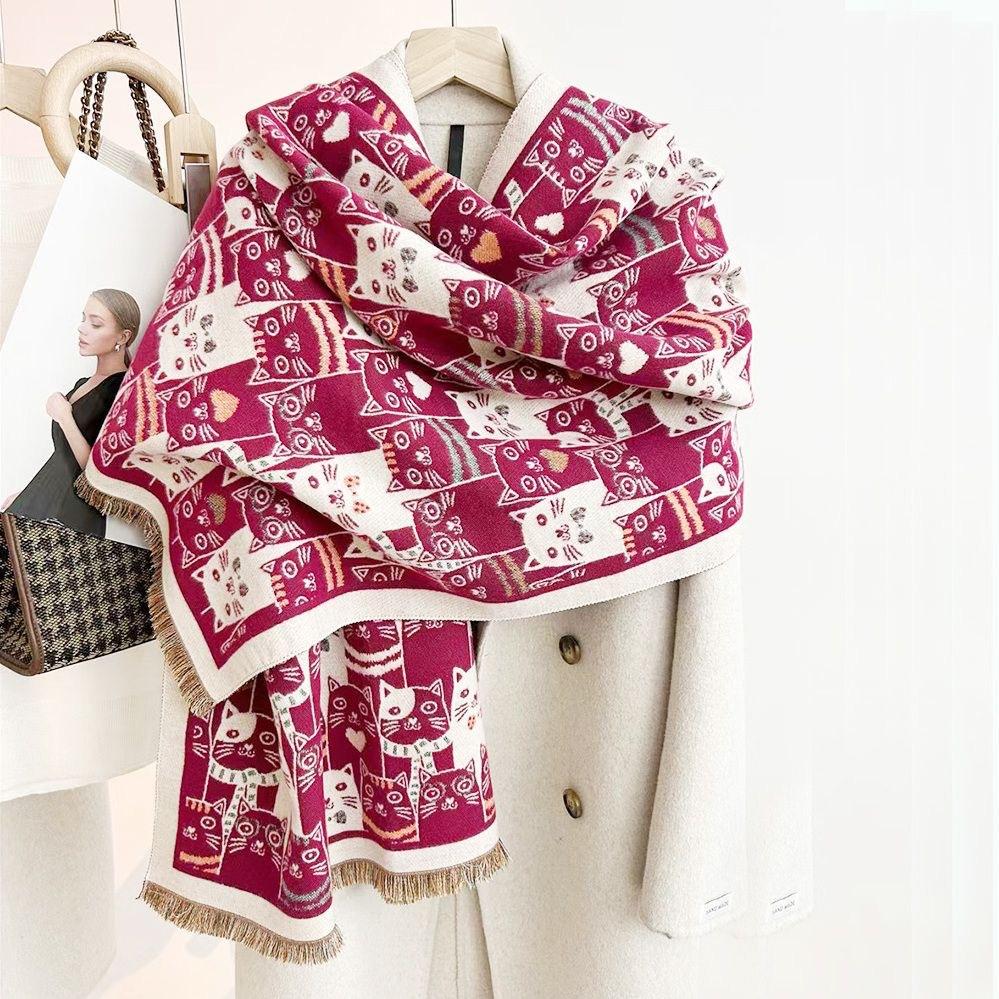 Classic Cartoon Kitten Style Scarf Women's New Versatile Extra Long Imitation Cashmere Fashion Warm Shawl