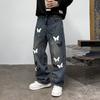 Black and white butterfly design fashion heavy tooling jeans new American retro loose nostalgic denim straight pants