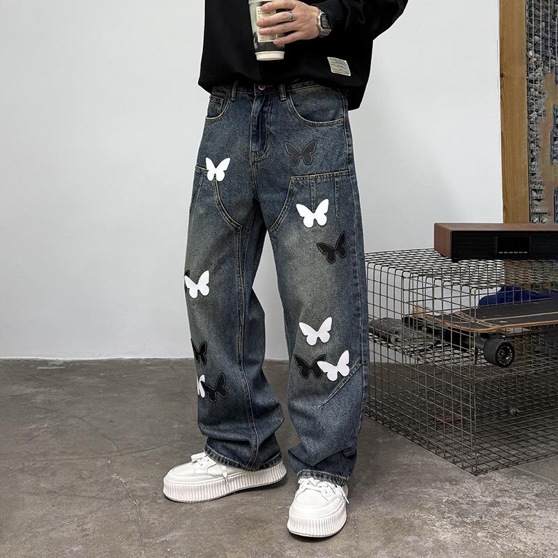 Black and white butterfly design fashion heavy tooling jeans new American retro loose nostalgic denim straight pants