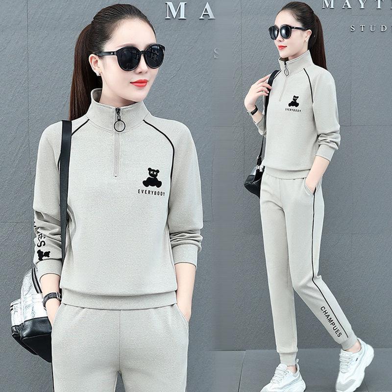 Sports and Leisure Suits for Women in Spring and Autumn, Loose Large Size Student Long-sleeved Running Clothes Two-piece Set