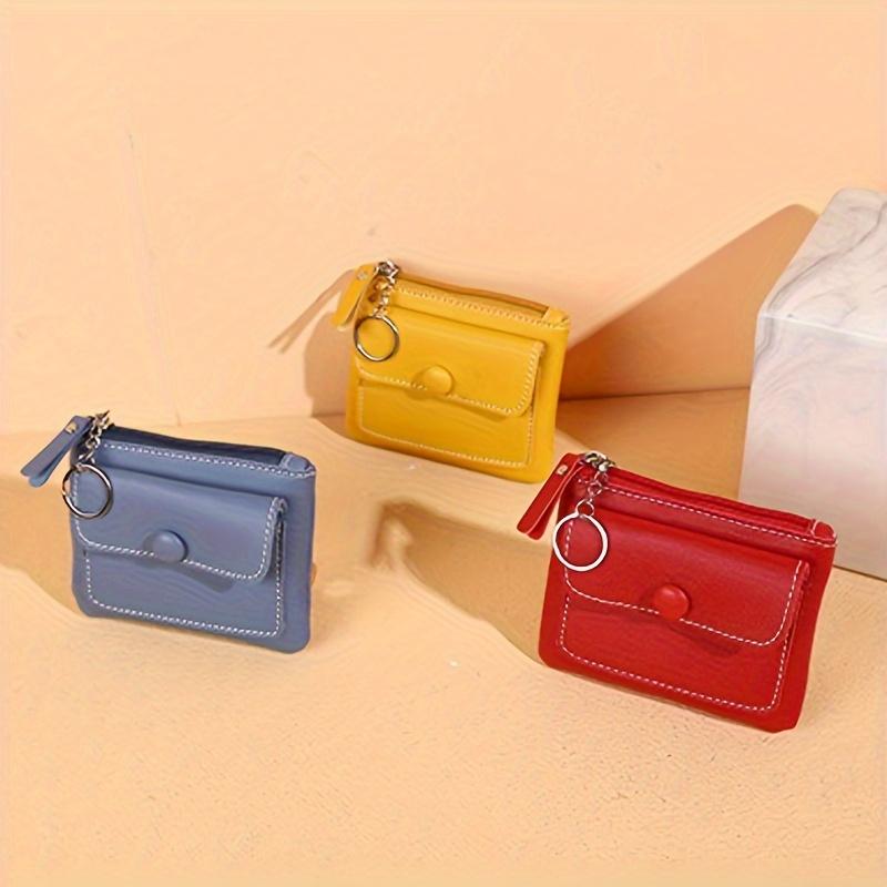 Casual Style Zip Wallet With A Keychain Solid Color Coin Purse Mini Card Holder Key Pouch And Wet Wipes For Cleaning